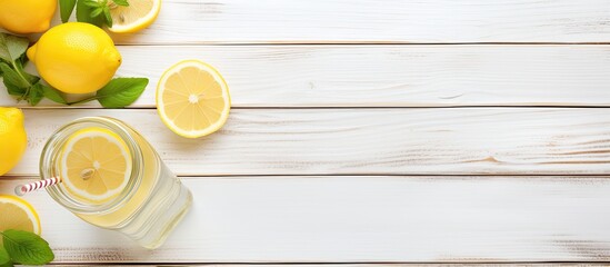 Aufkleber - Make lemonade Drink in bottle near utensil on white wooden background top down copy space