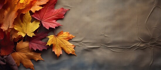 Poster - Autumn leaves in vibrant colors are showcased against a textured burlap background providing ample copy space for a seasonal concept image
