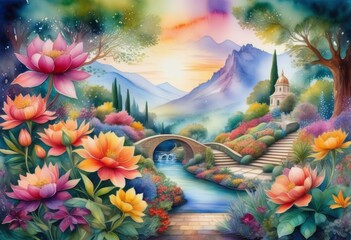 Wall Mural - A Vibrant Watercolor Escape into Mythical Gardens