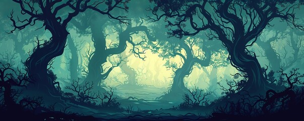 Wall Mural - An enchanted forest where ancient trees whisper secrets of times long past, their gnarled branches reaching towards the sky in silent supplication.   illustration.