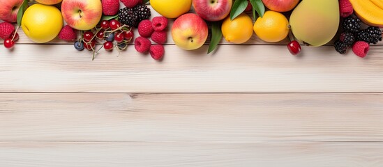 Poster - Fresh fruits on light wooden background Dragon fruit apple peach raspberry and cherry Top view with copy space