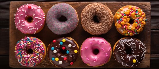 Poster - Colorful donuts on wooden table Sweet icing sugar food with glazed sprinkles doughnut with chocolate frosting Top view with copy space