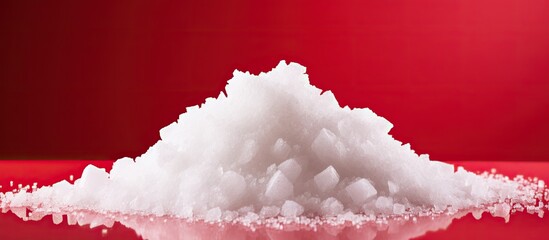 Poster - Pile of white sugar crystals on red background. copy space available