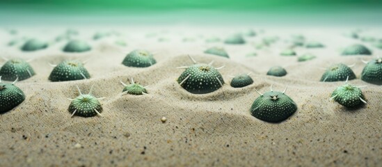 Poster - wet sand background and some green sea urchin shells. copy space available