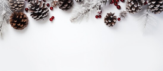 Poster - Santa glove and christmas silver pine cones on white background Top view. copy space available