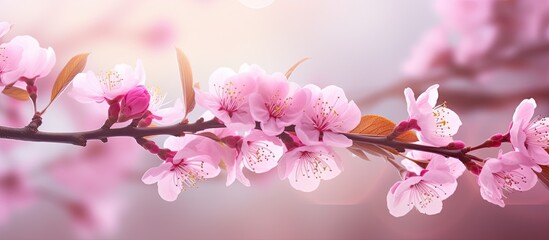 Poster - Pink blossoming almond tree with bokeh light background Pink flowers for spring time background close up banner. copy space available