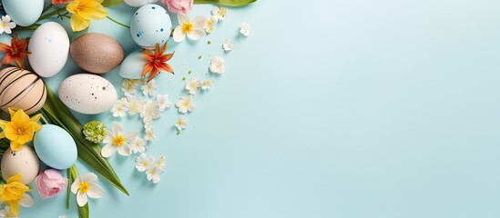 Aufkleber - Colorful Easter eggs and spring flowers on light blue background flat lay Space for text. copy space available