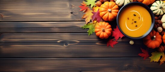 Poster - Bowl with vegan pumpkin soup on wooden table directly above autumn fall healthy vegetarian food high angle view. copy space available
