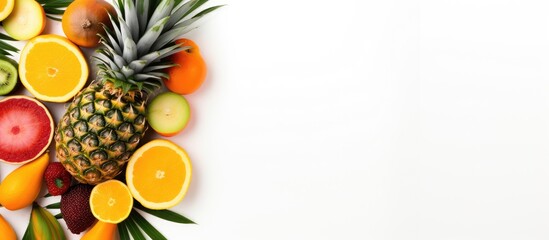 Poster - A top view of tropical fruits including pineapple and mango arranged on a white background The image is a flat lay with ample copy space