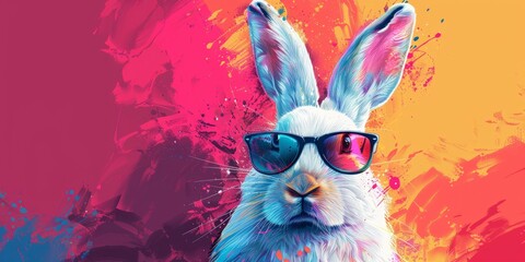 Poster - Cool white rabbit in sunglasses on vibrant background. Abstract summer clip-art for creative design projects. illustration