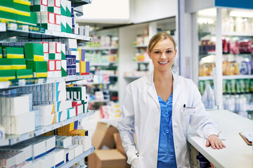 Wall Mural - Woman, portrait and pharmacist chemist for helping advice for medication purchase, questions or trust. Female person, face and counter at drug store for antibiotic for flu season, healthcare or shelf