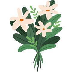 Beautiful bouquet with garden or wildflowers. Flowering plants with stems and leaves. Flower decoration or gift. Flat vector illustration isolated on white background.