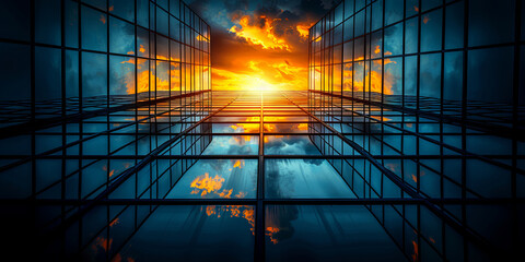 Poster - A reflection of a sunset in a glass building