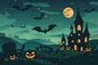 © A to Z - Halloween drawing with haunted witch house, dark blue sky, and orange pumpkins decoration