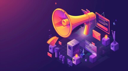 Poster - this is a modern illustration of a digital marketing concept with a big megaphone or loudspeaker and