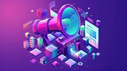 Poster - a sophisticated digital marketing concept with a large megaphone or loudspeaker, 3d promo icons, lan