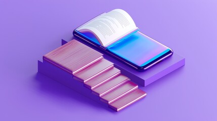 Poster - education or library concept modern illustration. open book and wooden stairs on mobile phone screen