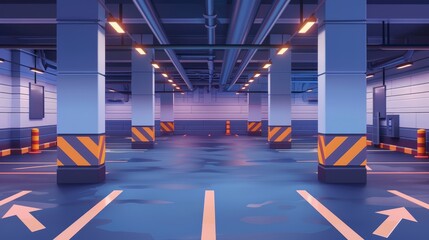 Wall Mural - Car parking underground in mall or city building. Empty basement garage with columns, road markers and guiding arrows. Modern cartoon interior of parking lot to be placed in a mall or a city