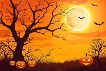 Halloween night background with full Moon and pumpkins, illustration