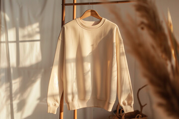Mock up of biege cotton sweatshirt on coat rack on luxury retail space background