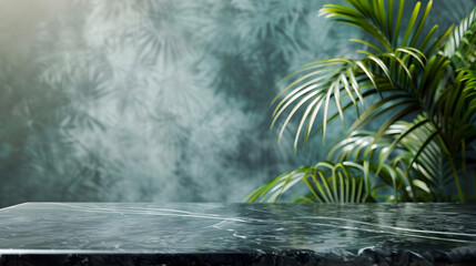 Aufkleber - Empty black marble table and tropical plant behind textured glass panel Home interior showroom background  Luxury tabletop counter product placement montage : Generative AI