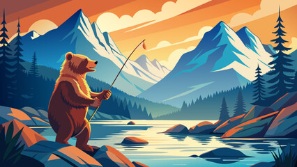 Wall Mural - Fishing Bear in Scenic Mountain Lake Sunset
