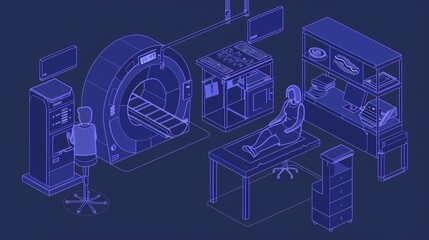 Isometric landing page with MR scanner and AI doctor. Woman at magnetic resonance imaging, digital technology in medicine diagnostic, ultrasonography 3D modern line art.