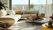 © Generative AI - Modern living room interior design with corner beige sofa creative rounded coffee tables mustard armchair and personal accessories Panoramic windows Template : Generative AI