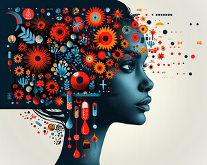 Poster - A woman's face is shown with a lot of detail, including a lot of flowers and other objects. The image is colorful and vibrant, with a lot of different shapes and patterns. Scene is one of creativity