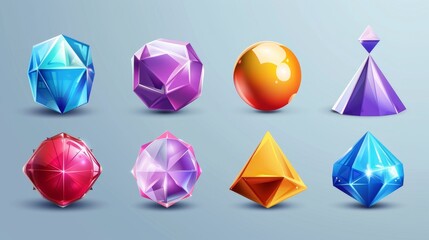 Poster - The geometric 3D shapes hemisphere, octahedron, sphere and torus, cone, cylinder and pyramid with the icosahedron. Basic voluminous geometry figures for education, featuring realistic modern