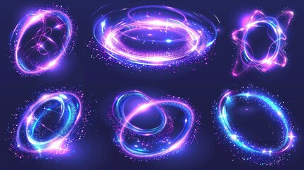 Wall Mural - An isolated set of blue and purple glimmering circles with sparkles, an isolated frame with glitter dust, and a shimmering flare trail. Modern set of realistic blue and purple rings and swirls.