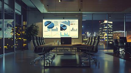 Fototapete - Modern Empty Meeting Room with Big Conference Table with Various Documents and Laptop on it Wall TV Showing Companys Growth Statistics Graphs and Pie Charts Late Evening or Night City  : Generative AI