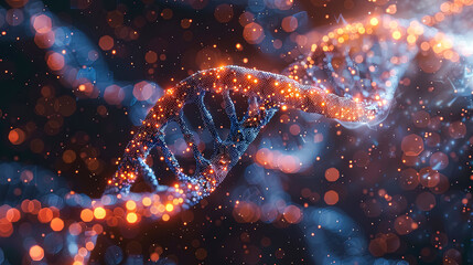 Poster - A glowing DNA strand with a blue background. The image has a futuristic and scientific feel to it