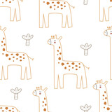 Fototapeta  - Seamless pattern with cartoon giraffe, decor elements. colorful vector for kids. hand drawing, flat style. Baby design for fabric, print, textile, wrapper