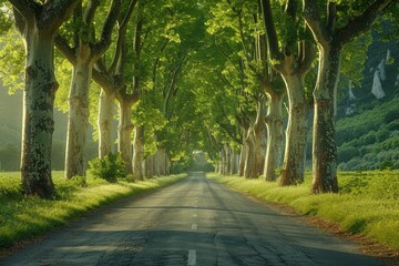 Poplar Tree Lined Road: Symmetrical rows of trees along a country road.