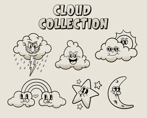 Wall Mural - set bundle retro cartoon clouds no color illustration