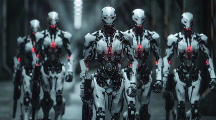 Teams of robots army walk the aisles carrying modern high-tech cyber machine guns. AI generated