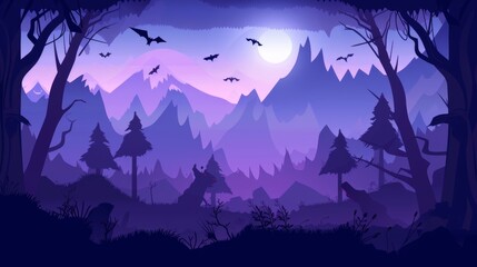 Wall Mural - Modern layered background for 2D platform game UI design. Dark forest with creepy trees and mountains. Jumping arcade elements and assets.