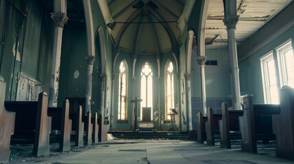 Fototapete - hall of the abandoned church : Generative AI
