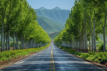 Poplar Tree Lined Road: Symmetrical rows of trees along a country road. 