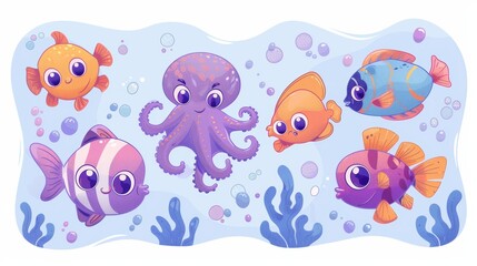 Wall Mural - Animals of the ocean: octopus, puffer fish, angler and betta fish. Modern landing pages featuring cartoon illustrations of cute marine life.