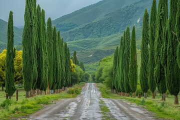 Poplar Tree Lined Road: Symmetrical rows of trees along a country road. 