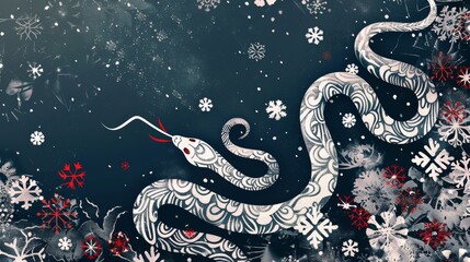 Sticker - Stylized chinese New Year card of Snake made of snowflakes