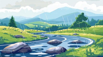 Sticker - Summer landscape with mountains, meadows, coniferous trees and asphalt highway with puddle at rainy weather. Modern cartoon illustration of summer landscape with mountains, meadows, coniferous trees,