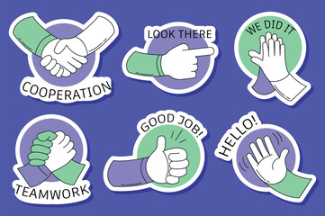 Set of Great job stickers in flat cartoon design. The stickers depicting support and motivation are shown in this illustration and designed in a modern style. Vector illustration.