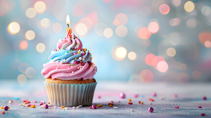 Wall Mural - Birthday cupcake with candle on light background,generative ai