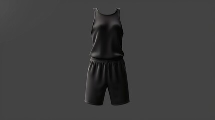 Wall Mural - Jumpsuit with shorts and sleeveless top realistic mockup. Black female apparel mockup. Girls nightwear, summer clothes, isolated outfit design.