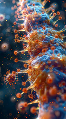 Wall Mural - A close-up of a virus depicted with orange and blue colors, highlighting its intricate structure and biological complexity.