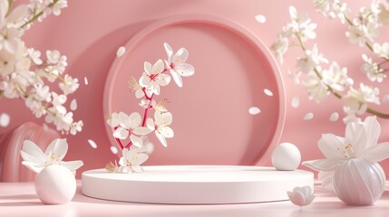 Wall Mural - Floral 3D podium background with abstract design and white blossoms, ideal for a fresh beauty product showcase in spring,