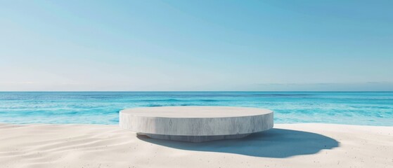 Wall Mural - Minimalist beach pedestal on sandy island platform for product presentation, blue sea horizon,